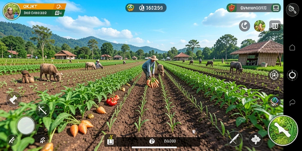 Tampilan menarik dari gameplay bertani di OKJKT.