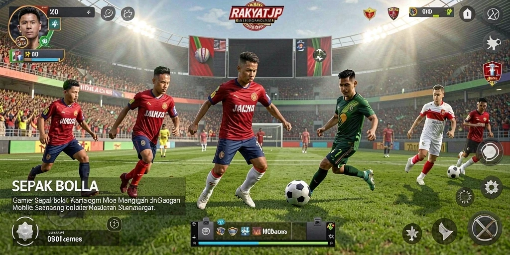 Screenshot RAKYATJP menunjukkan aksi pertandingan sepak bola yang seru.