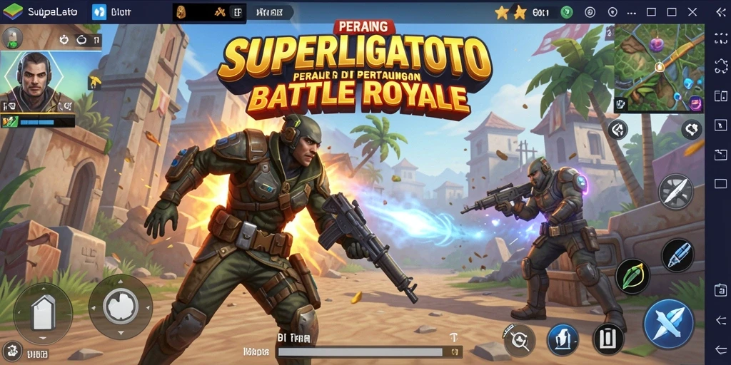 Tangkapan layar SUPERLIGATOTO menampilkan aksi intens di medan pertempuran Battle Royale.