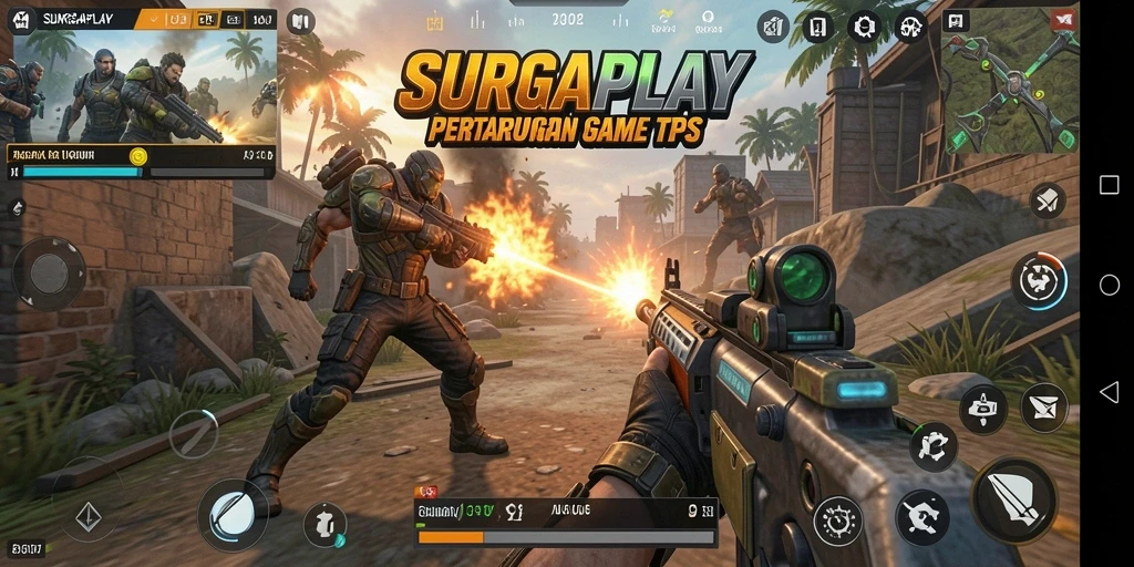 Screenshot utama gameplay SURGAPLAY menampilkan aksi seru di medan perang.