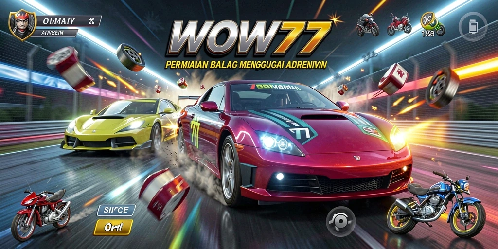 Tampilan gameplay seru dari WOW77 dengan mobil balap yang mengesankan.